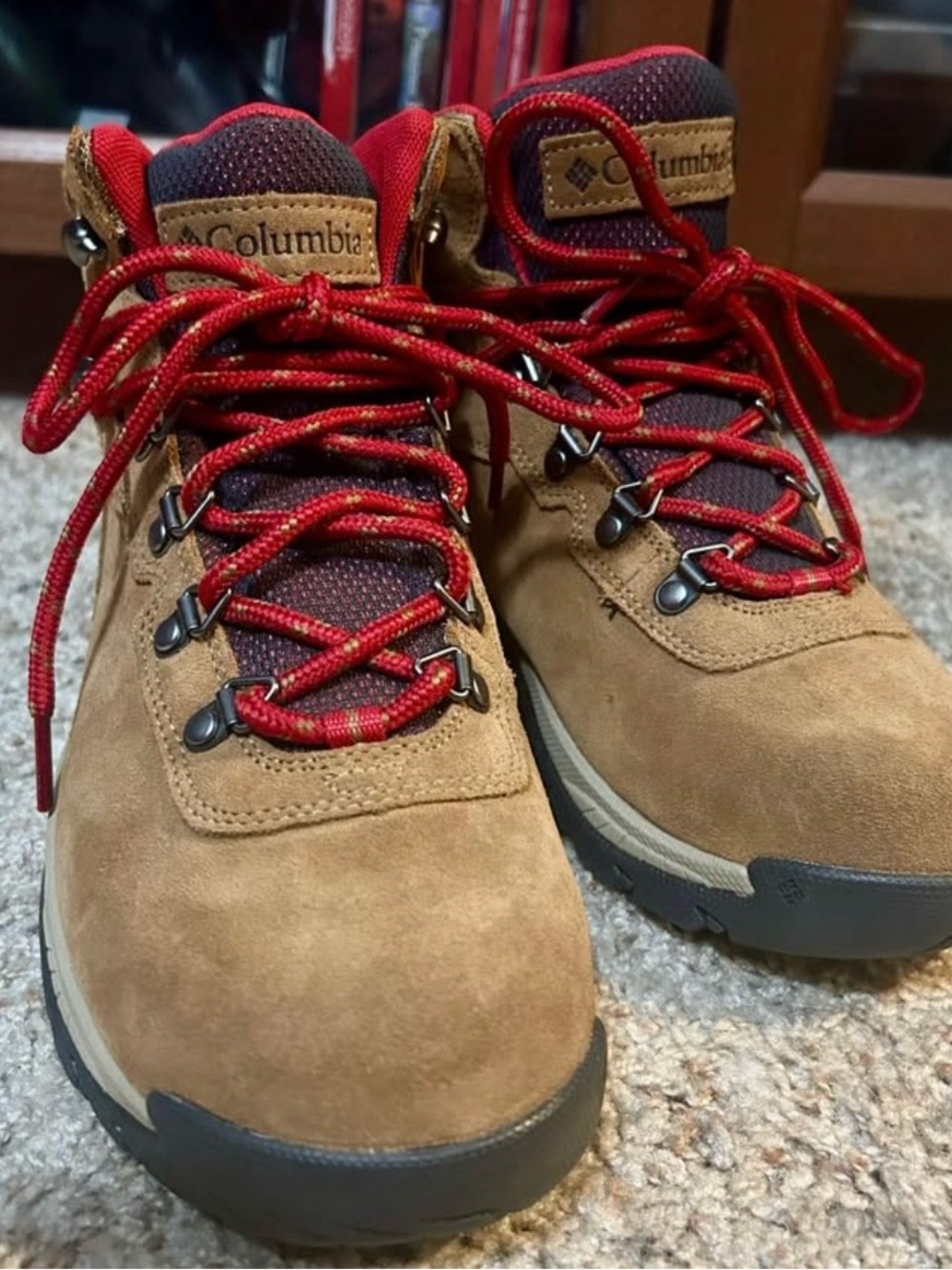 Columbia Tan Suede Hiking Boots with Red Laces